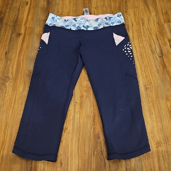 Navy Blue Cropped Pants with Patterned Waistband - Picture 1 of 2